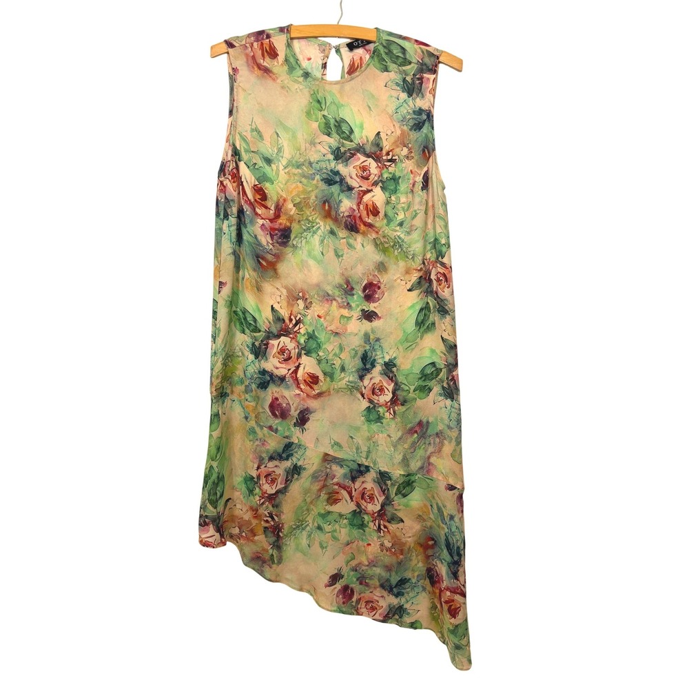 Otte New York 100% Silk Floral Asymmetrical Sleeveless Dress Green Small NYC